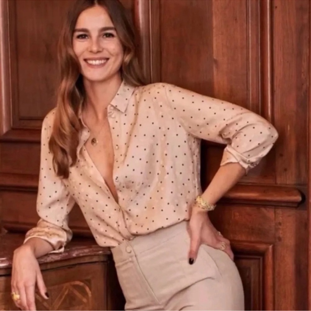 Sezane Ann Silk Button Down Shirt Blush Floral Dot Sz 34/US 2 - Picture 4 of 10